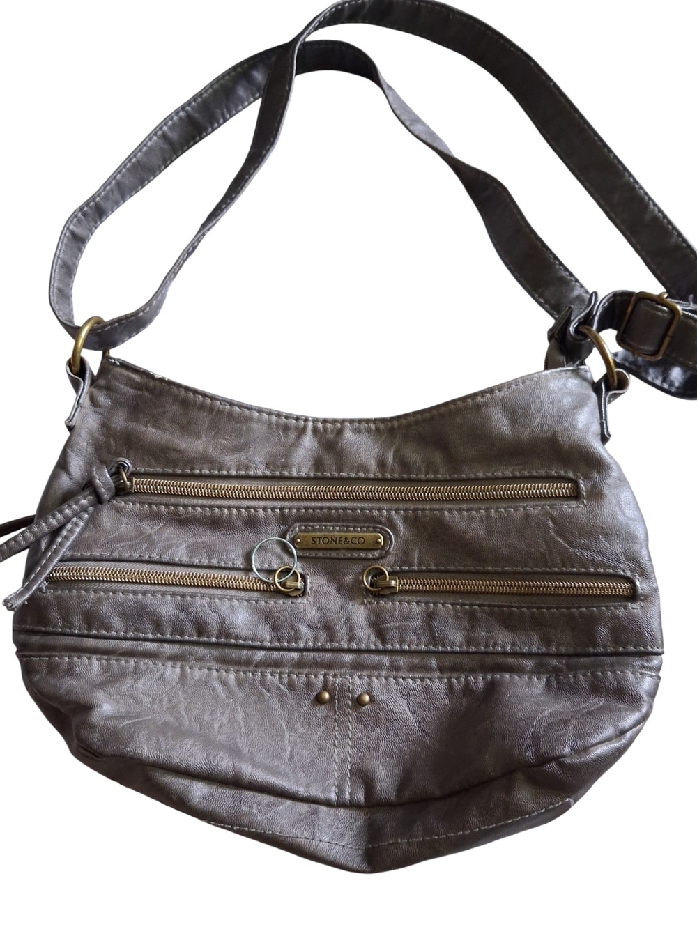 Stone & Co. metallic taupe shoulder bag with gold hardware